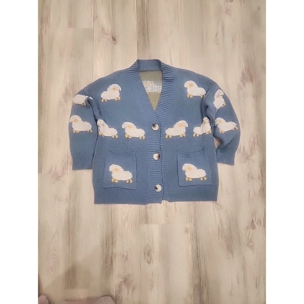 Blue & White Cardigan V-Neck Knit Sweater Sheep Motif Cottagecore Size Med/Large